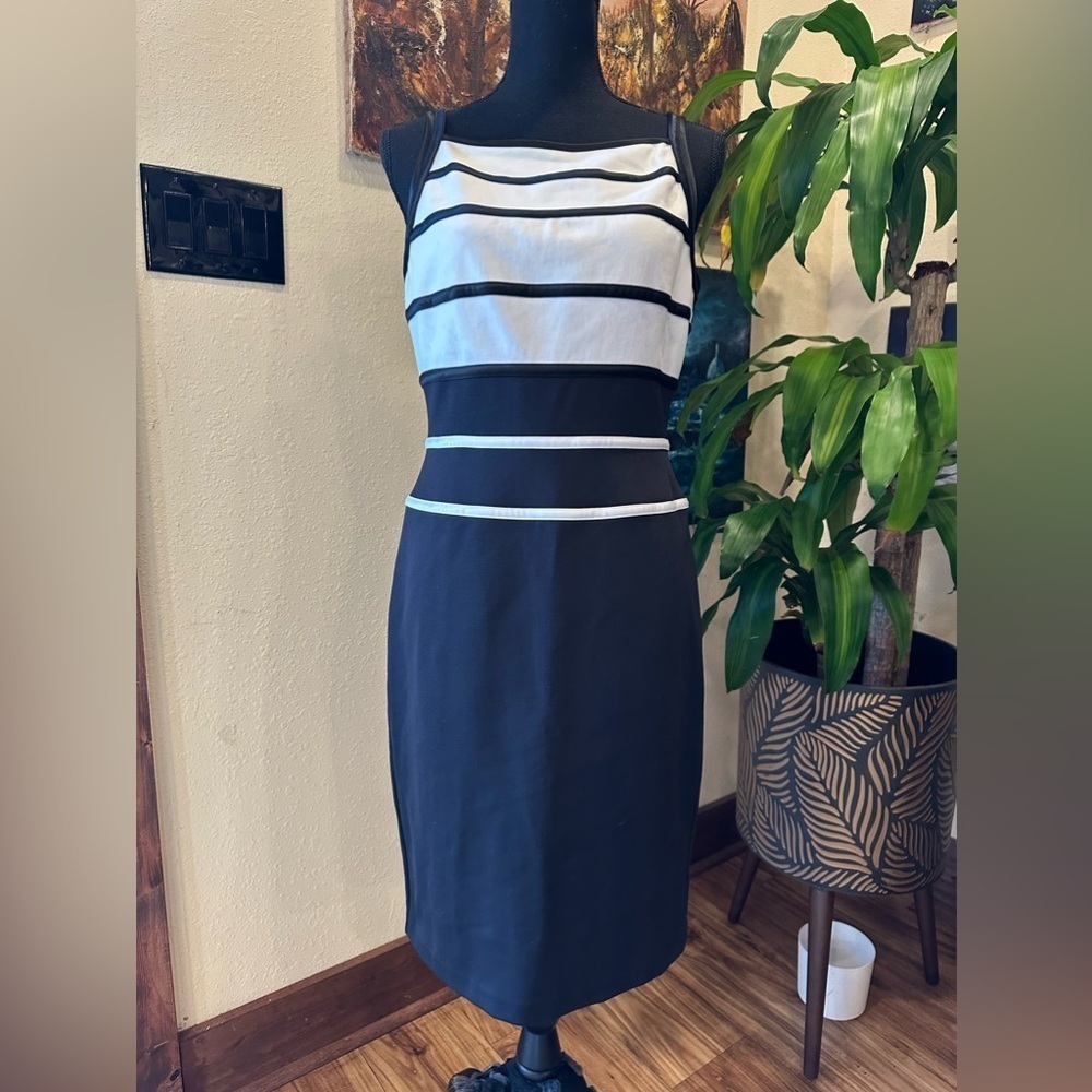 White House Black Market Minimalist Career Sheath Dress | Monochrome Stripe | 6 - Picture 3 of 10